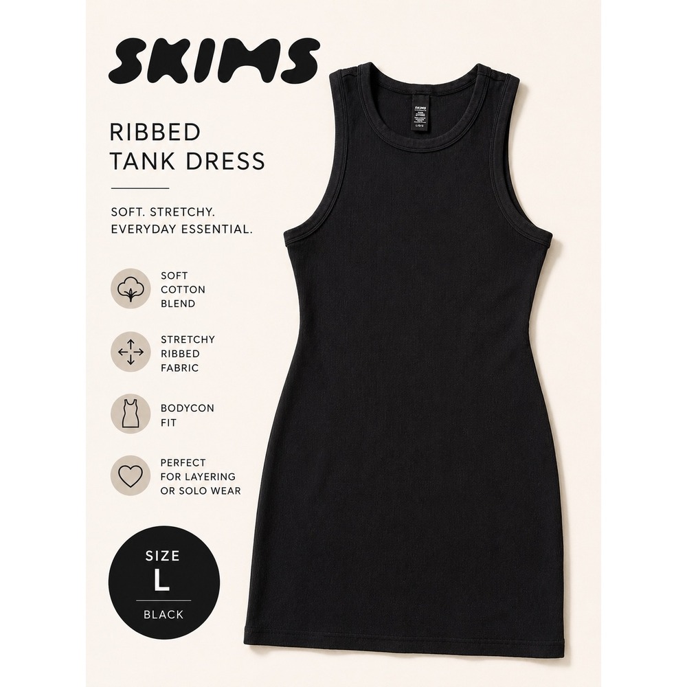 SKIMS Black Ribbed Tank Mini Dress - Sleek Bodycon